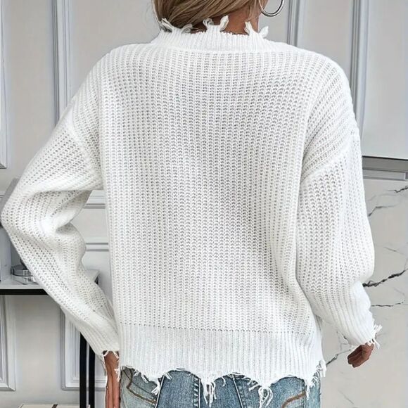 Chic White Distressed V-Neck Sweater - Picture 4 of 6